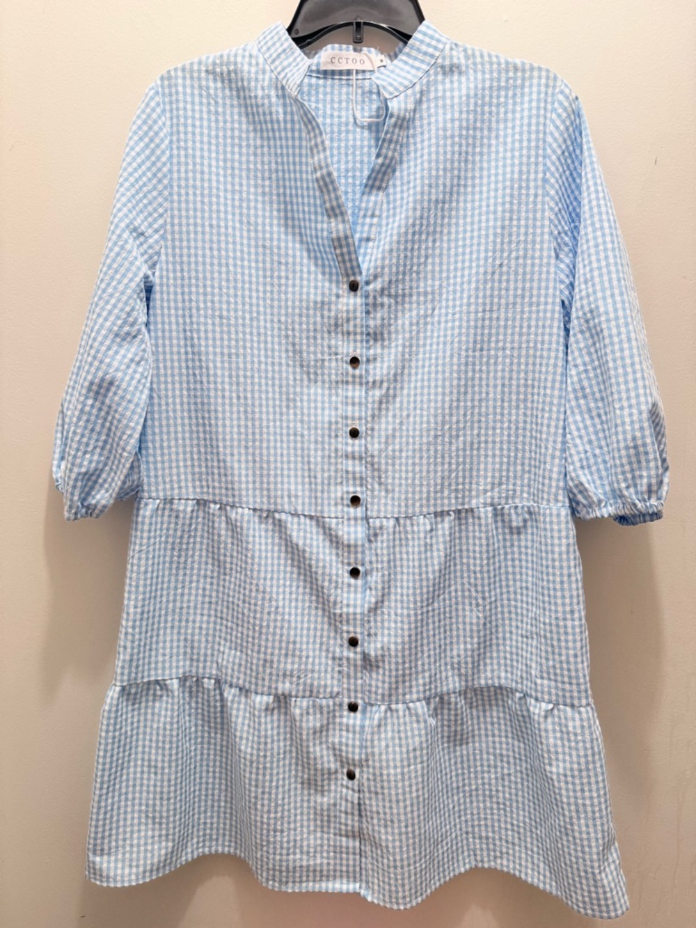 Light Blue Gingham Tiered Button-Front Dress